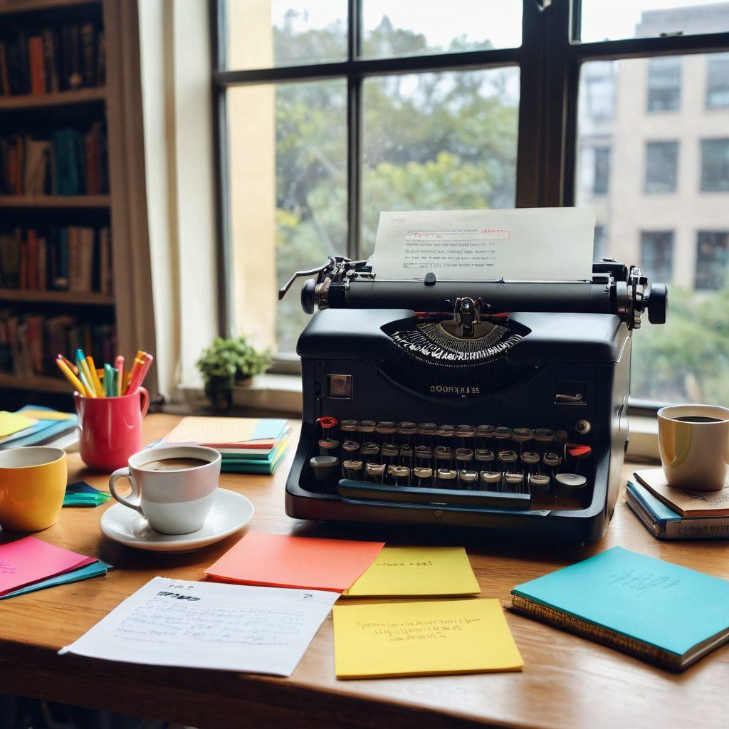 A creative workspace with a vintage typewriter, surrounded by colorful sticky notes, a laptop displaying a blog interface, and a steaming cup of coffee. A large window with sunlight pouring in, and a bookshelf filled with books about writing and digital media in the background. The atmosphere should evoke inspiration and creativity. vibrant colors. super-realistic.