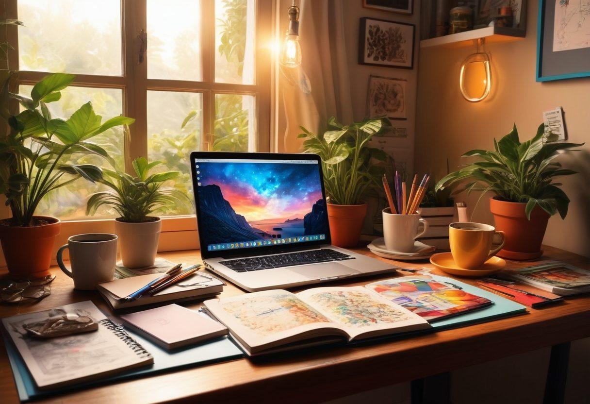 A surreal workspace filled with vibrant journals and colorful art supplies, an open laptop displaying a beautifully designed online journal platform. Light bursts of creativity swirl around, featuring sketches and digital illustrations in progress. A cozy atmosphere with plants and a coffee cup, symbolizing inspiration and comfort. super-realistic. vibrant colors. warm lighting.