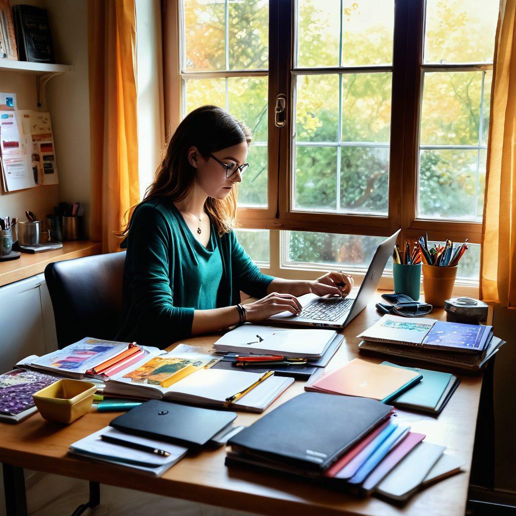 A person sitting at a cozy desk with a laptop open, surrounded by colorful notebooks and pens, representing online journaling and blogging. Soft light streaming through a window, casting warm tones across the scene. Inspirational quotes can be subtly written on the wall behind. The atmosphere is inviting and creative, sparking ideas and expression. watercolor painting. vibrant colors.